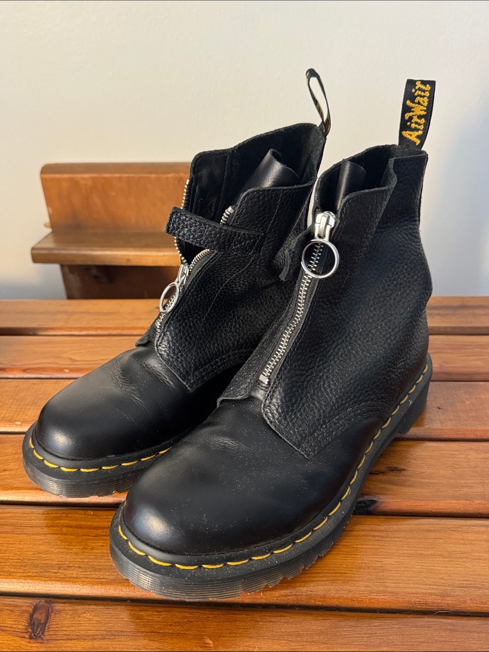Dr. Martens Black Leather Front-Zip Platform Boots with Yellow Stitching Sz 9